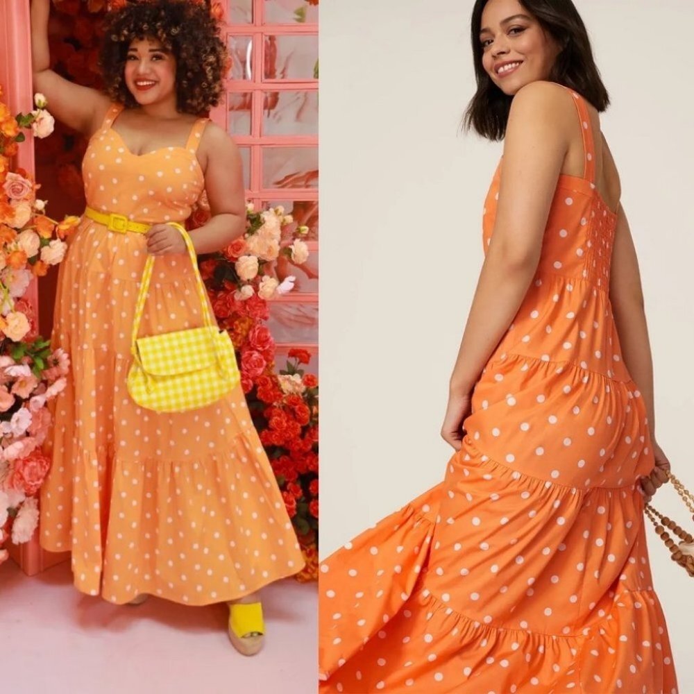 Color Me Courtney Polka Dot Tiered Maxi Dress Orange Size 2 Smocked Bohemian